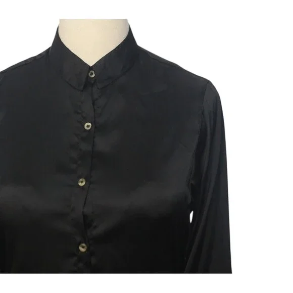 Womens Silky Satin Shirt Black Blouse Button Up Casual Dressy Top Medium Work - Picture 4 of 7
